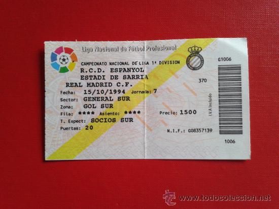 Coleccionismo deportivo: Entrada Liga 1&ordf; Divisi&oacute;n estadio Sarri&agrave; RCD Espanyol RCD Espa&ntilde;ol Real Madrid C.F CF 94-95