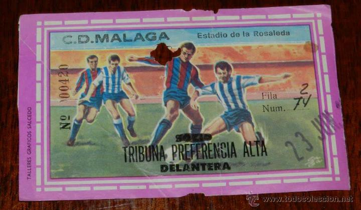 Sammelleidenschaft Sport: RARISIMA ENTRADA DE FUTBOL C.D. MALAGA - BARCELONA, ESTADIO DE LA ROSALEDA, MIDE 13,5 X 8 CMS.