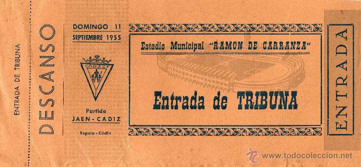 Sports collectibles: ENTRADA DE F&Uacute;TBOL. Ja&eacute;n-C&aacute;diz. Estadio Municipal Ram&oacute;n de Carranza. Tribuna. A&ntilde;o 1955.