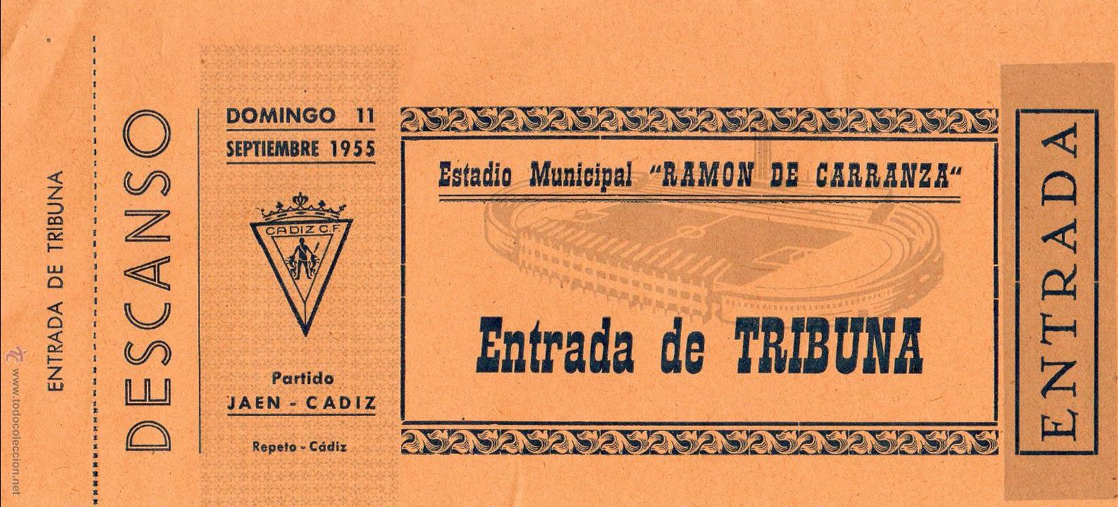 Colecionismo desportivo: ENTRADA DE F&Uacute;TBOL. Partido Ja&eacute;n-C&aacute;diz. Estadio Municipal Ram&oacute;n de Carrranza. TRIBUNA. A&ntilde;o 1955.
