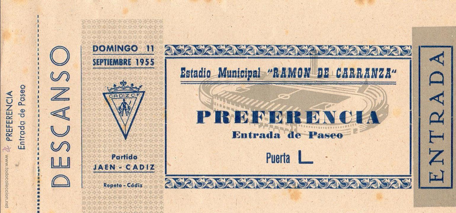 Colecionismo desportivo: ENTRADA DE F&Uacute;TBOL. Ja&eacute;n-C&aacute;diz. Estadio Ram&oacute;n de Carranza. Preferencia, paseo. Septiembre 1955