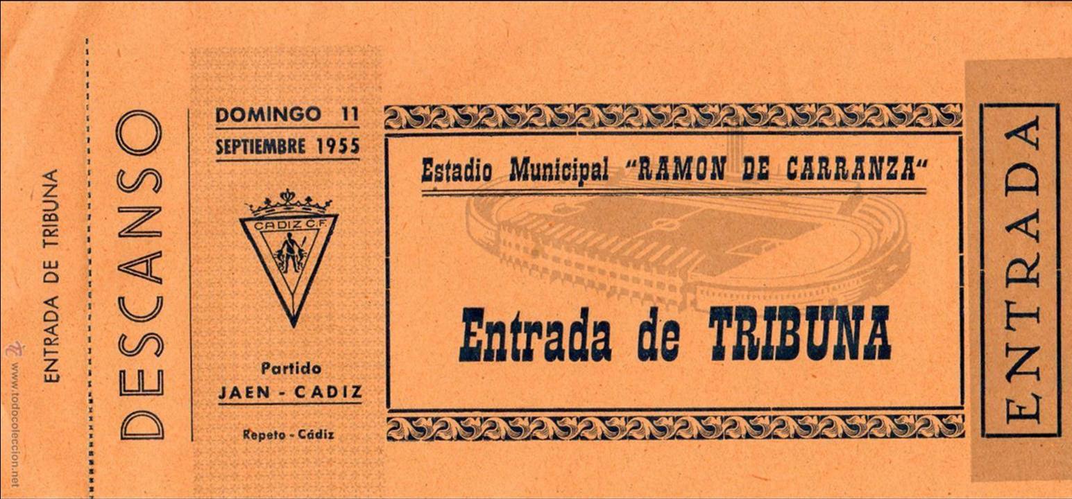 Colecionismo desportivo: ENTRADA DE FUTBOL. Partido Ja&eacute;n-C&aacute;diz. Estadio Municipal Ram&oacute;n de Carranza. Tribuna. A&ntilde;o 1955