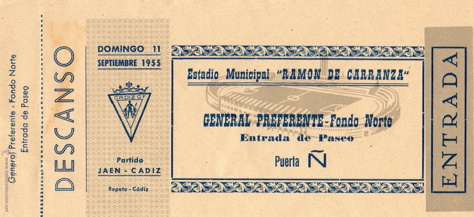 Colecionismo desportivo: ENTRADA DE F&Uacute;TBOL. Estadio Municipal Ram&oacute;n de Carranza. Ja&eacute;n-C&aacute;diz. Preferente-Fondo Norte. 1955