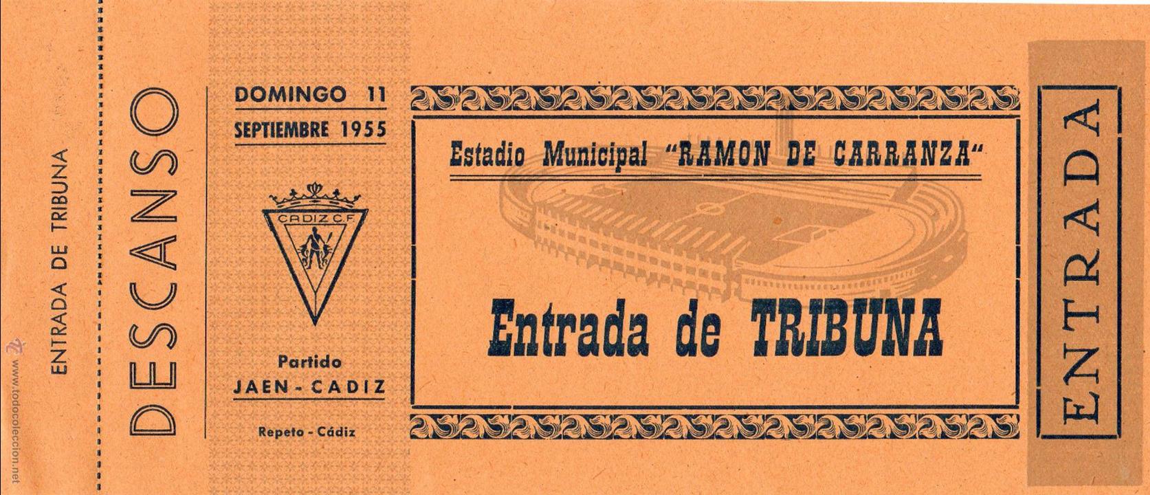 Colecionismo desportivo: ENTRADA DE F&Uacute;TBOL. Ja&eacute;n-C&aacute;diz. Estadio Municipal Ram&oacute;n de Carranza. Tribuna. A&ntilde;o 1955