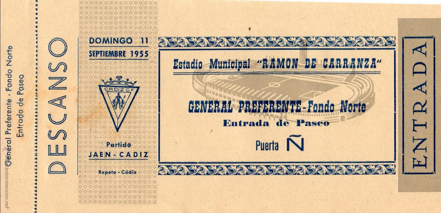 Sports collectibles: ENTRADA DE F&Uacute;TBOL. Ja&eacute;n-C&aacute;diz. Estadio Municipal Ram&oacute;n de Carranza. Preferente Fondo Norte. A&ntilde;o 1955