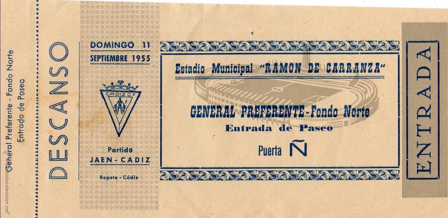 Sports collectibles: ENTRADA DE F&Uacute;TBOL. JAEN-CADIZ. Estadio Ram&oacute;n de Carranza. General Preferente. Fondo Norte. 1955