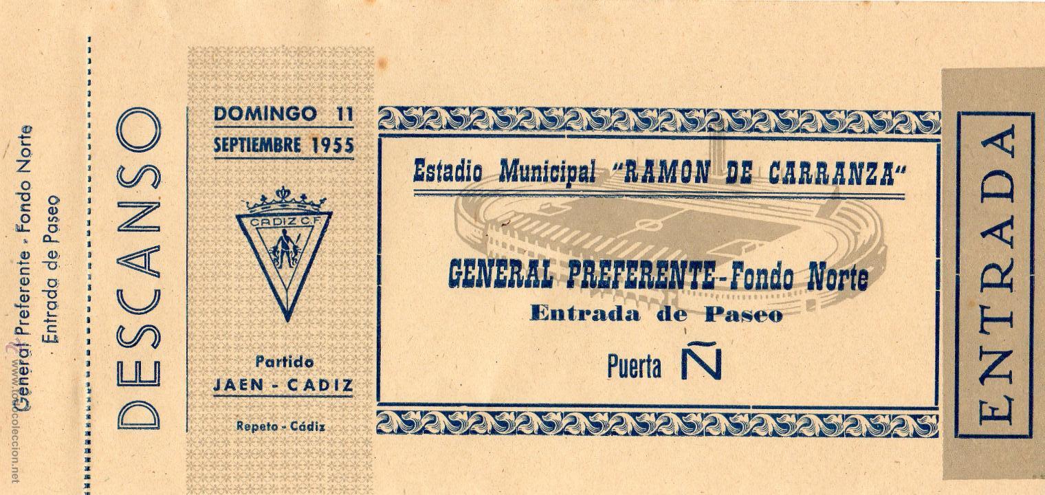 Sports collectibles: ENTRADA DE F&Uacute;TBOL. Partido Ja&eacute;n-C&aacute;diz. Ram&oacute;n de Carranza. General Preferente-Fondo Norte. 1955