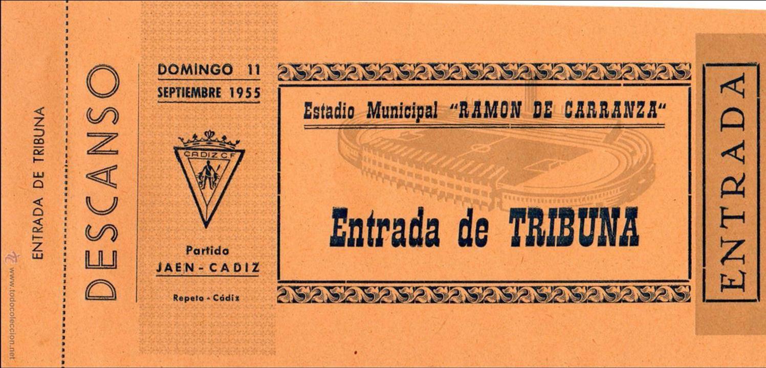 Collezionismo sportivo: ENTRADA DE F&Uacute;TBOL. JA&Eacute;N-C&Aacute;DIZ. ESTADIO RAMON DE CARRANZA. TRIBUNA. SEPTIEMBRE 1955