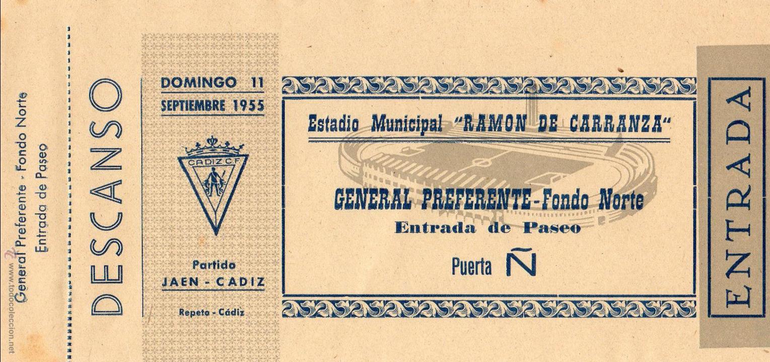 Collezionismo sportivo: ENTRADA DE F&Uacute;TBOL. JA&Eacute;N-C&Aacute;DIZ. Estadio Ram&oacute;n de Carranza. A&ntilde;o 1955. Preferente Fondo Norte. Paseo.