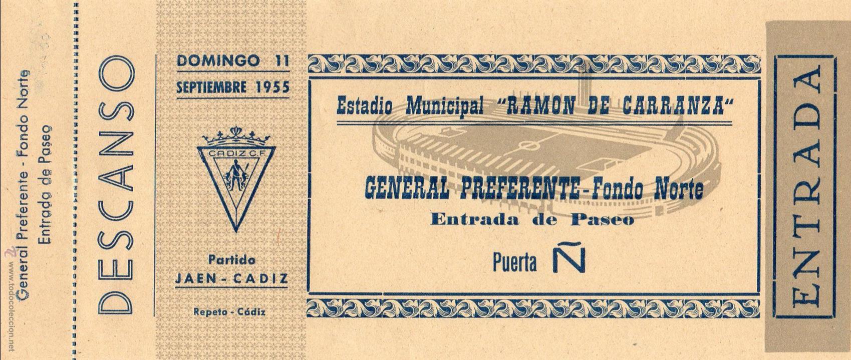 Collezionismo sportivo: ENTRADA DE F&Uacute;TBOL.Ja&eacute;n-C&aacute;diz. Estadio Municipal Ram&oacute;n de Carranza. Preferente Fondo Norte. 1955