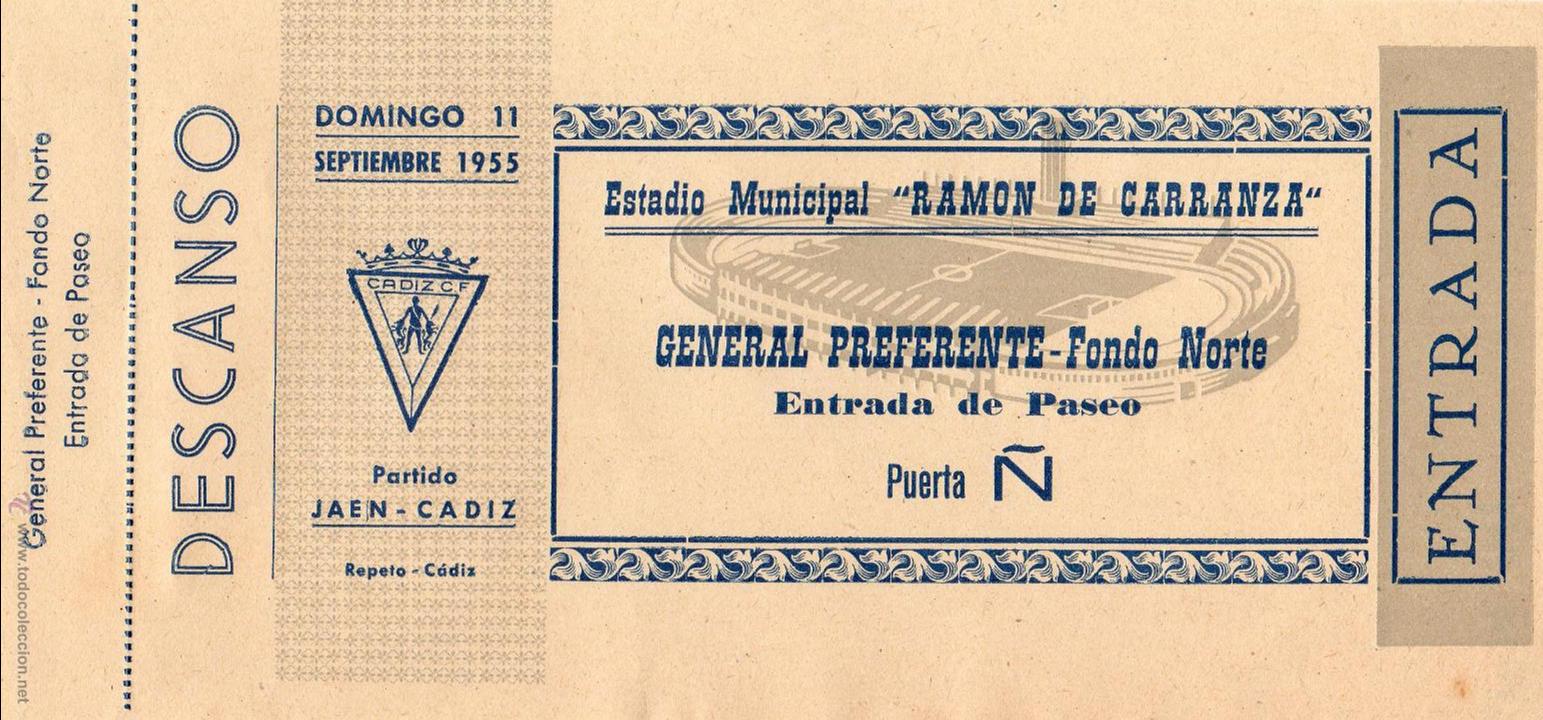 Collezionismo sportivo: ENTRADA DE F&Uacute;TBOL. Estadio Municipal Ram&oacute;n de Carranza, Ja&eacute;n-C&aacute;diz. Preferente Fondo Norte. A&ntilde;o 1955
