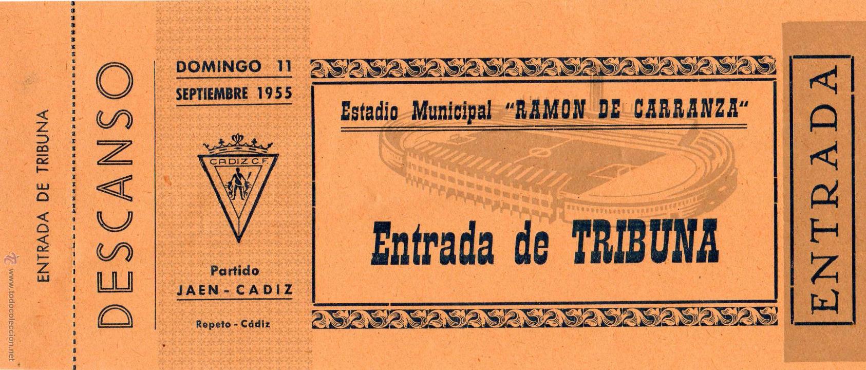 Collezionismo sportivo: ENTRADA DE F&Uacute;TBOL. Ja&eacute;n-C&aacute;diz. Estadio Municipal Ram&oacute;n de Carranza. TRIBUNA, A&ntilde;o 1955