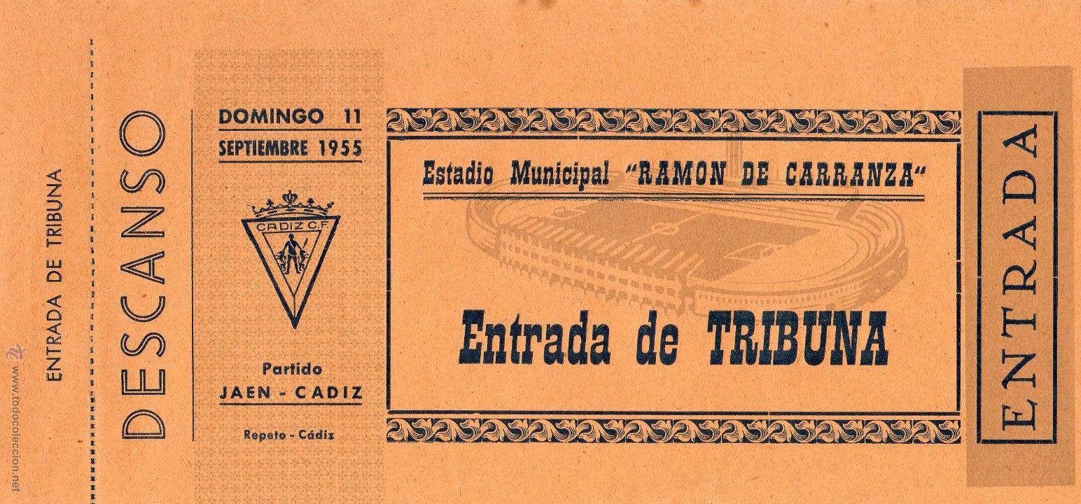 Collezionismo sportivo: ENTRADA DE F&Uacute;TBOL. PARTIDO JAEN-CADIZ. Estadio Municipal Ram&oacute;n de Carranza, Tribuna. A&ntilde;o 1955