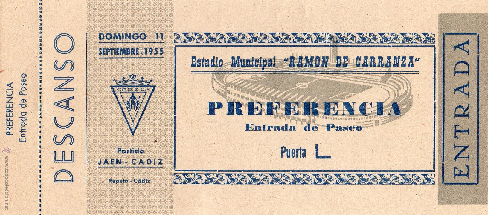 Collezionismo sportivo: ENTRADA DE F&Uacute;TBOL. Estadio Municipal Ram&oacute;n de Carranza, Ja&eacute;n-C&aacute;diz. Preferencia. A&ntilde;o 1955
