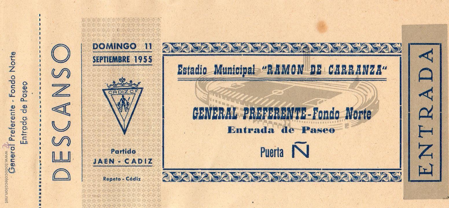 Collezionismo sportivo: ENTRADA DE F&Uacute;TBOL. Estadio Ram&oacute;n de Carranza. Preferente-Fondo Norte. Ja&eacute;n-C&aacute;diz. A&ntilde;o 1955.