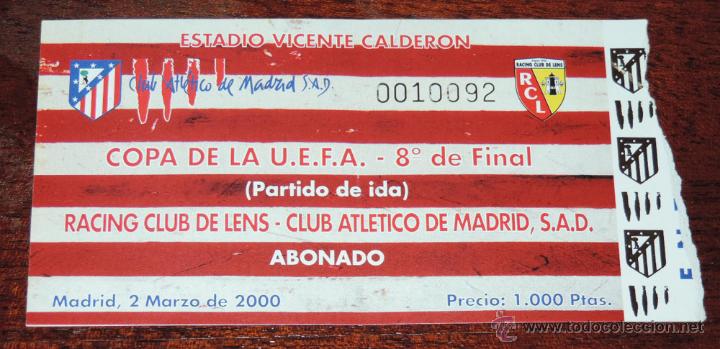 Sammelleidenschaft Sport: ENTRADA CLUB ATLETICO DE MADRID VS LENS UEFA 99-00, 2 DE MARZO DE 2000, TAL COMO SE VE EN LAS FOTOS.