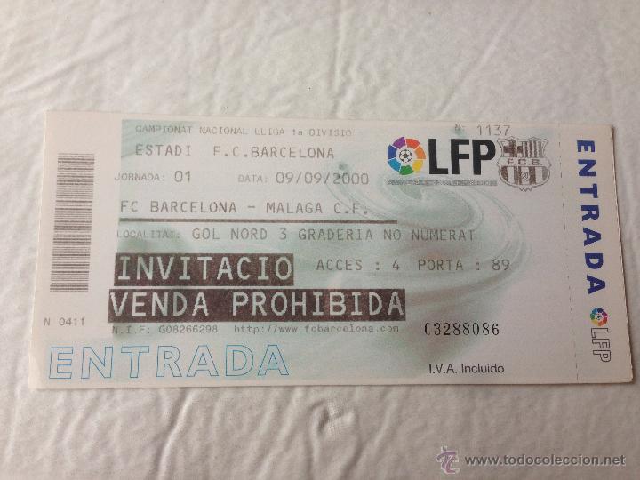 Collectionnisme sportif: R162 ENTRADA TICKET FUTBOL BARCELONA 2-1 MALAGA LIGA TEMPORADA 2000 2001 DEBUT ROOKIE OVERMARS