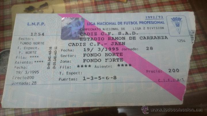 Sammelleidenschaft Sport: ENTRADA DE FUTBOL ESTADIO RAMON DE CARRANZA - CADIZ - REAL JAEN - 2&ordm; DIVISION A&Ntilde;O 92/93