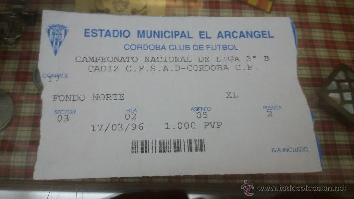 Sammelleidenschaft Sport: ENTRADA DE FUTBOL ESTADIO EL ARCANGEL - CORDOBA - CADIZ - 2&ordm; DIVISION B - A&Ntilde;O 1996