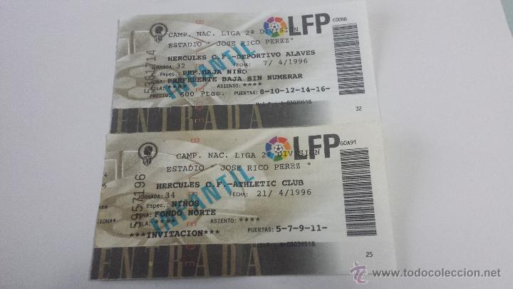 Coleccionismo deportivo: LOTE 2 ENTRADAS H&Eacute;RCULES CF SEGUNDA DIVISION.TEMPORADA 95/96