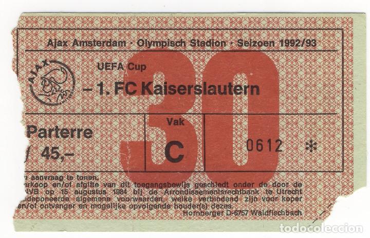 Colecionismo desportivo: Billete entrada campo futbol Amsterdam Olympisch Stadion Partido Ajax Kaiserlautern UEFA 1992-93