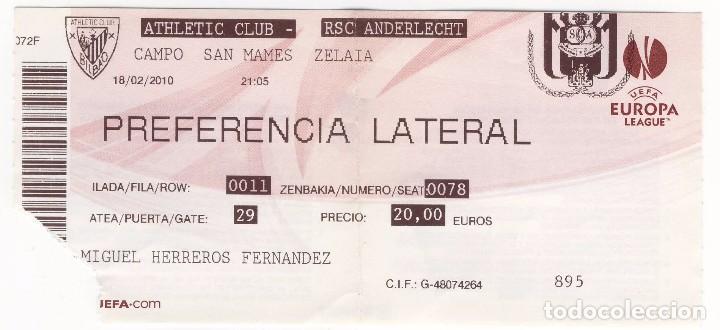 Colecionismo desportivo: Billete entrada futbol San Mames Partido Athletic Bilbao Anderlecht  Europe League 18 febrero 2010