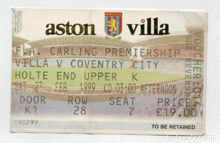 Sports collectibles: ENTRADA - CARLING PREMIERSHIP - ASTON VILLA - COVENTRY CITY - 27 FEB. 1999 -
