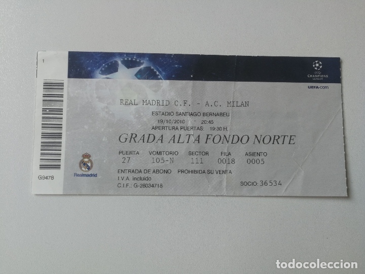 Coleccionismo deportivo: ANTIGUA ENTRADA PARTIDO DE CHAMPIONS 10/10/2010 - REAL MADRID - MILAN AC - SANTIAGO BERNABEU - EN BU