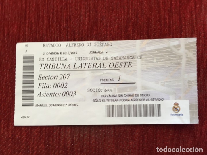 Sports collectibles: R17732 ENTRADA TICKET REAL MADRID CASTILLA UNIONISTAS SALAMANCA LIGA TEMPORADA 2018 2019 VINICIUS