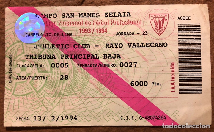 Coleccionismo deportivo: ATHLETIC CLUB 0-0 RAYO VALLECANO 13/2/1994. ENTRADA PARTIDO JORNADA 23, LIGA 1993/94.