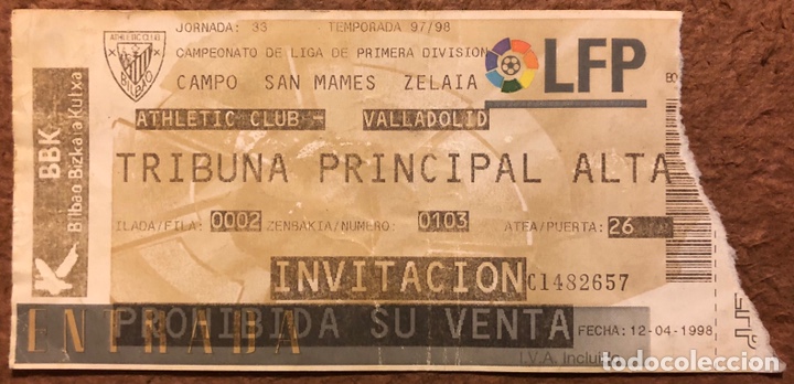 Coleccionismo deportivo: ATHLETIC CLUB 2 - 0 REAL VALLADOLID. ENTRADA PARTIDO LIGA TEMPORADA 1997/98. SAN MAM&Eacute;S (BILBAO)