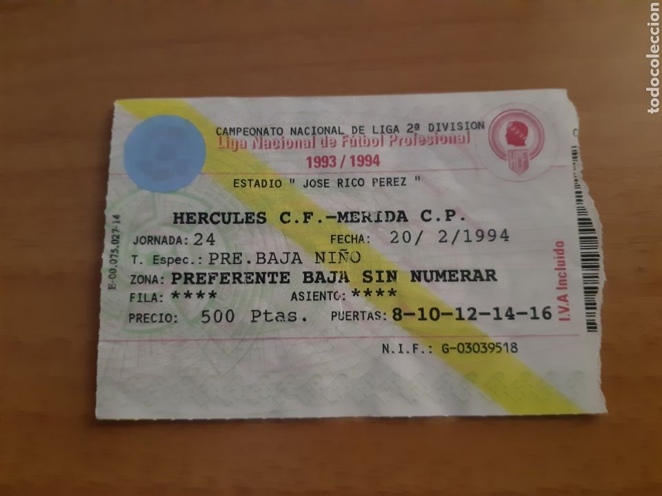 Coleccionismo deportivo: ENTRADA F&Uacute;TBOL H&Eacute;RCULES M&Eacute;RIDA SEGUNDA DIVISI&Oacute;N 1994
