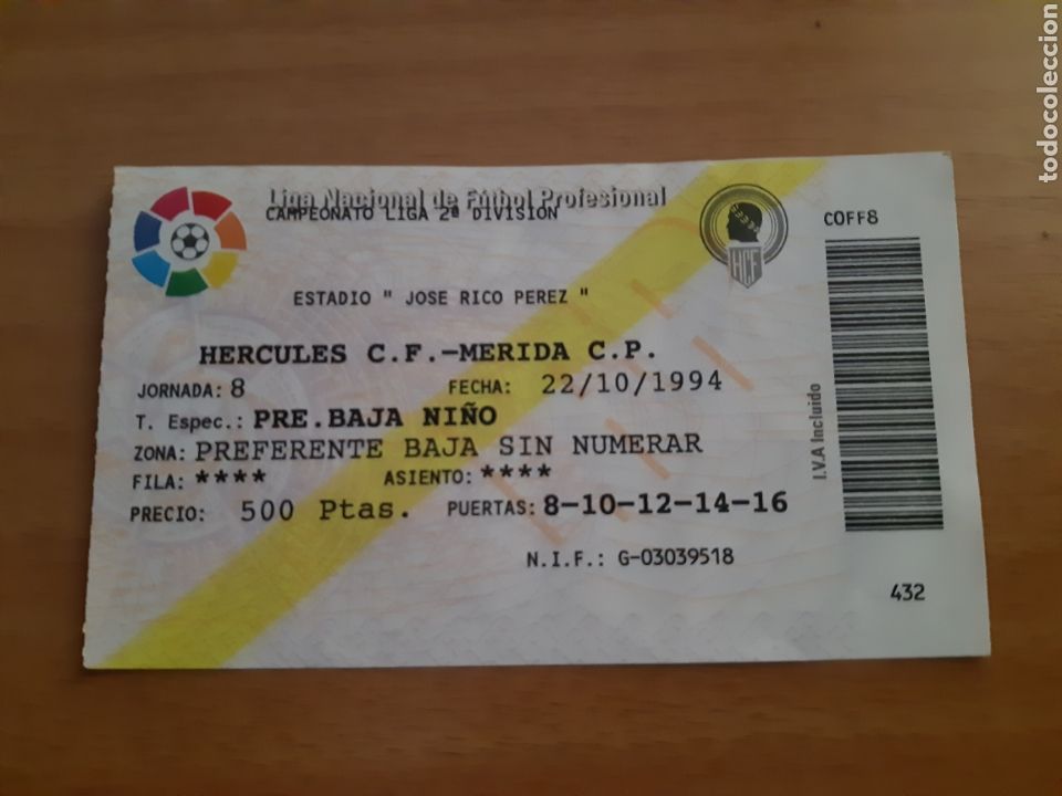 Coleccionismo deportivo: ENTRADA F&Uacute;TBOL H&Eacute;RCULES M&Eacute;RIDA SEGUNDA DIVISI&Oacute;N 1994