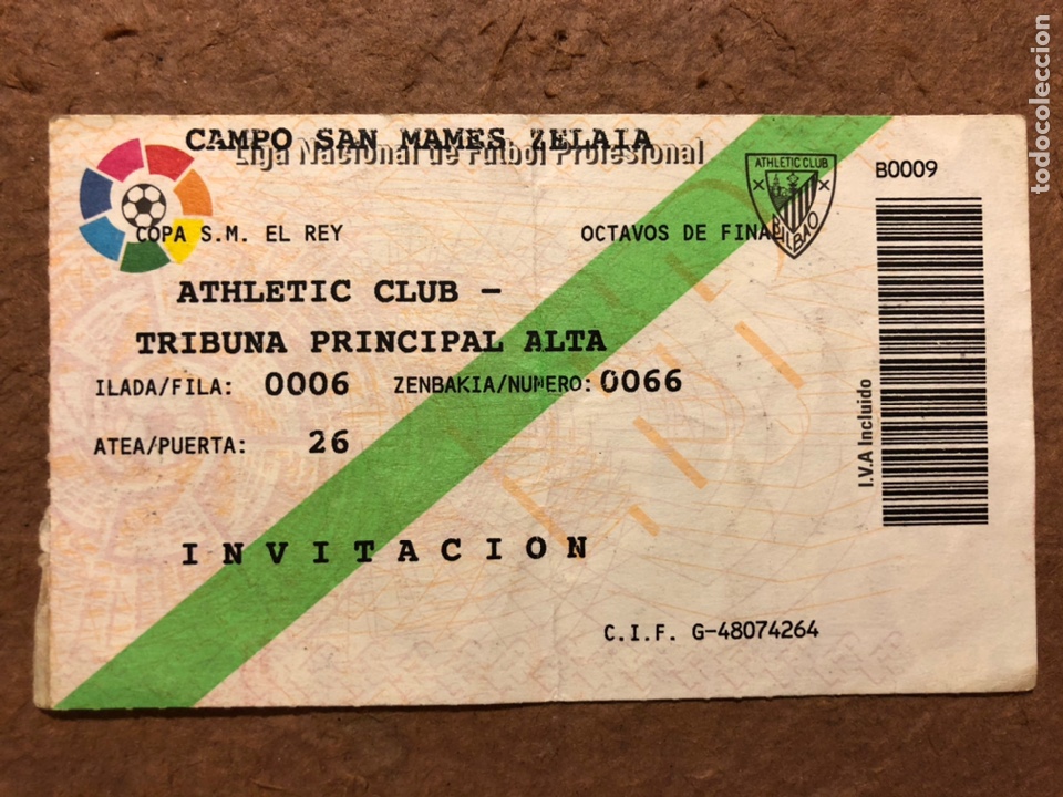 Coleccionismo deportivo: ATHLETIC CLUB 4 - 0 REAL BETIS. ENTRADA PARTIDO COPA 1/8 FINAL 1994/95. SAN MAM&Eacute;S (BILBAO).