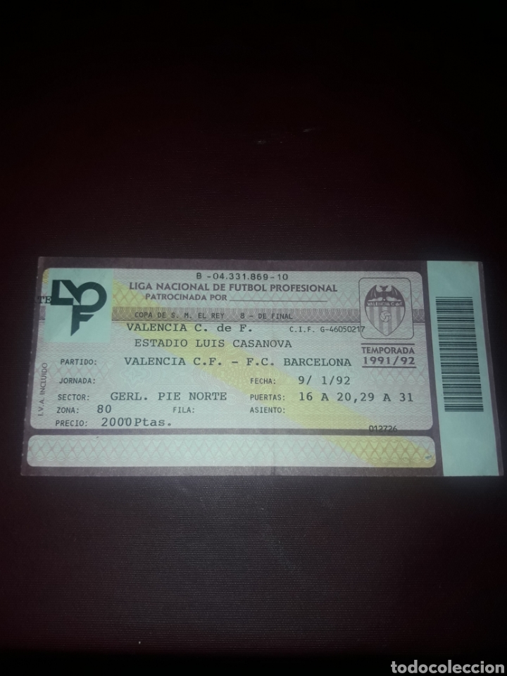 Coleccionismo deportivo: Entrada Futbol Valencia Cf- Fc Barcelona 9/01/92 (8 de final Copa del Rey)