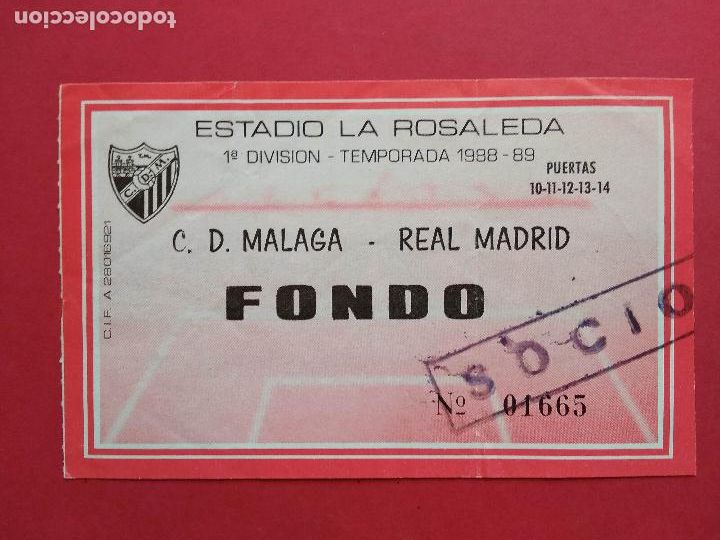 Colecionismo desportivo: ENTRADA DE FUTBOL ESTADIO LA ROSALEDA CD MALAGA - REAL MADRID 1&ordf; DIVISION TEMPORADA 88 89 1988 1989