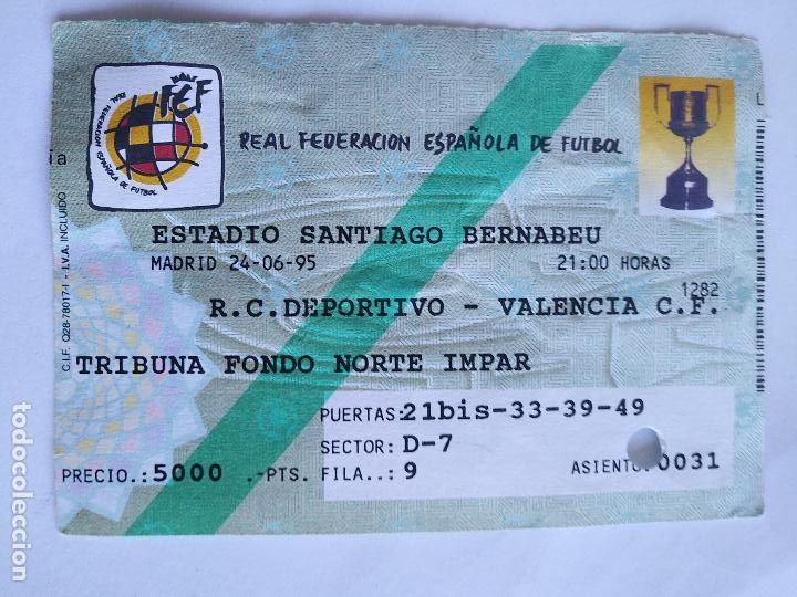 Coleccionismo deportivo: Entrada Final Copa del Rey a&ntilde;o 95,R.C Deportivo-Valencia CF Estadio Bernab&eacute;u