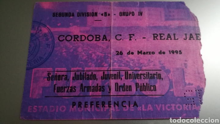 Sports collectibles: ENTRADA FUTBOL TICKET REAL JA&Eacute;N C&Oacute;RDOBA 26 MARZO 1995 SEGUNDA DIVISI&Oacute;N B LA VICTORIA