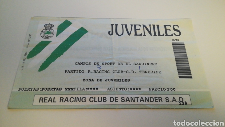 Collectionnisme sportif: ENTRADA FUTBOL TICKET RACING CLUB SANTANDER CD TENERIFE 1994 1995 EL SARDINERO