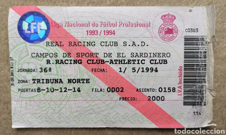 Collectionnisme sportif: Entrada de F&uacute;tbol Real Racing Club de Santander - Athletic Club de Bilbao - Sardinero A&ntilde;o 1993 1994