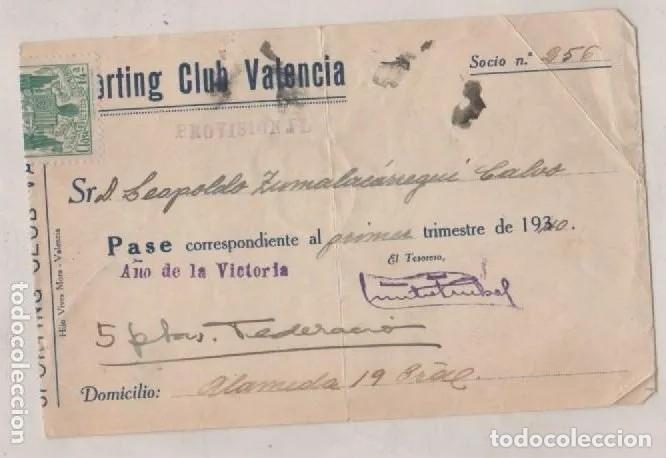 Sports collectibles: Sporting club Valencia. Futbol. Pase socio provisional 1&ordm; trimestre de 1940 a&ntilde;o de la victoria.