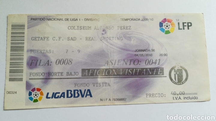 Collezionismo sportivo: ENTRADA TICKET F&Uacute;TBOL GETAFE SPORTING DE GIJ&Oacute;N 2009 2010 COLISEUM ALFONSO P&Eacute;REZ