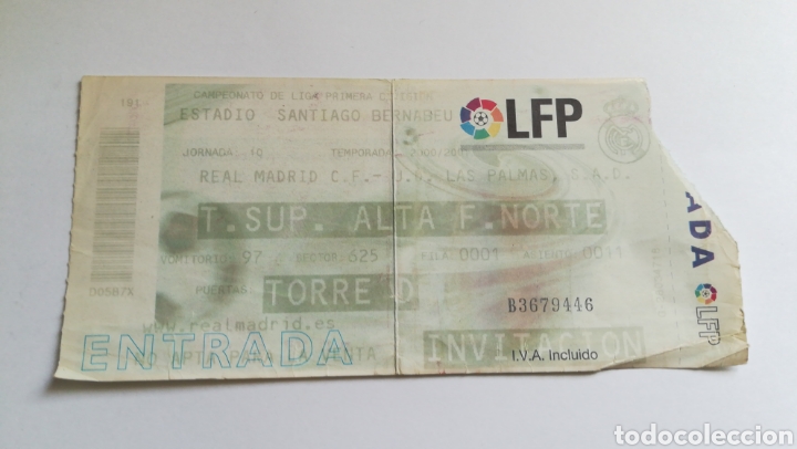 Sports collectibles: ENTRADA TICKET F&Uacute;TBOL REAL MADRID LAS PALMAS 2000 2001 SANTIAGO BERNABEU JORNADA 10