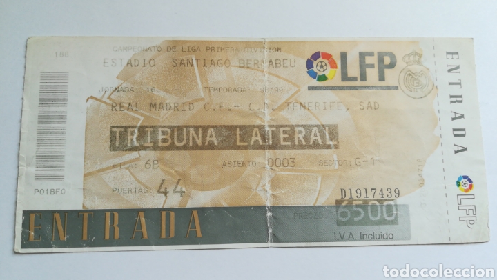 Collectionnisme sportif: ENTRADA TICKET REAL MADRID TENERIFE 1998 1999 SANTIAGO BERNABEU JORNADA 16