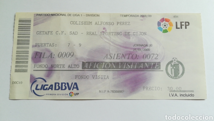 Collectionnisme sportif: ENTRADA TICKET GETAFE SPORTING DE GIJ&Oacute;N 2008 2009 COLISEUM ALFONSO P&Eacute;REZ FOOTBALL