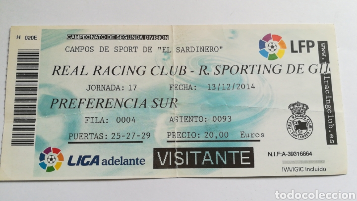 Collezionismo sportivo: ENTRADA TICKET RACING CLUB SANTANDER SPORTING GIJ&Oacute;N 2014 2015 EL SARDINERO