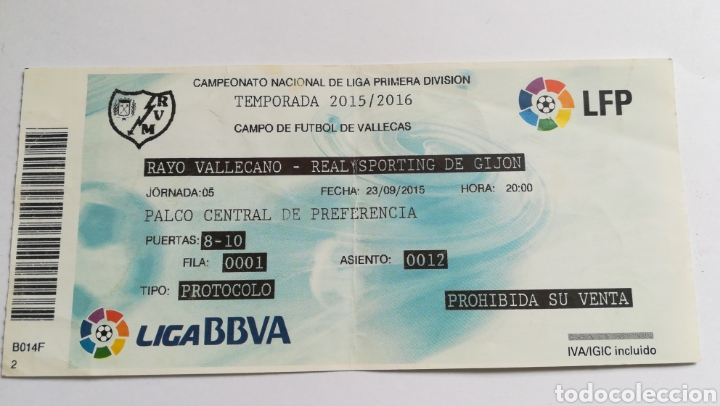 Collezionismo sportivo: ENTRADA TICKET RAYO VALLECANO SPORTING GIJ&Oacute;N 2015 2016 CAMPO DE VALLECAS