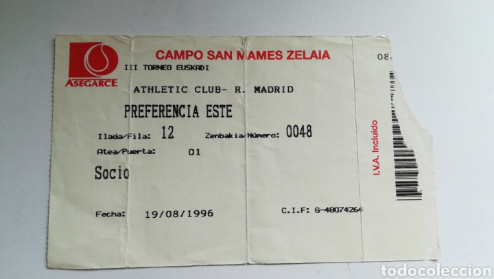 Collectionnisme sportif: ENTRADA TICKET ATHLETIC CLUB BILBAO REAL MADRID III TORNEO EUSKADI 1996 SAN MAM&Eacute;S