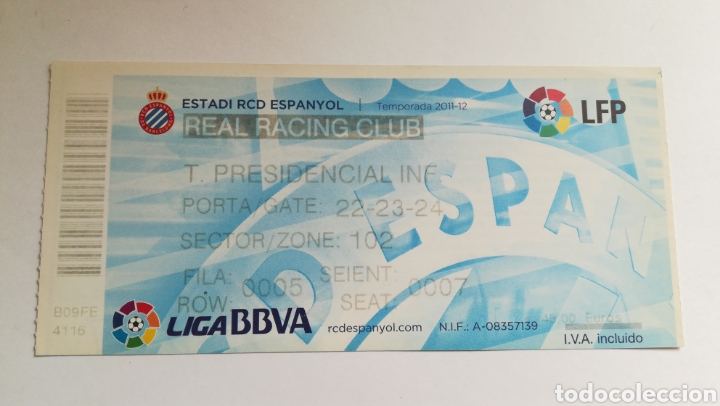 Colecionismo desportivo: ENTRADA TICKET ESPANYOL RACING CLUB SANTANDER ESTADI RCD 2011 2012