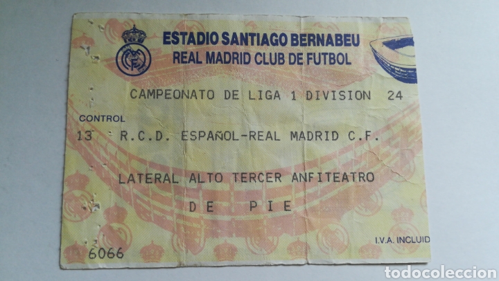 Colecionismo desportivo: ENTRADA TICKET REAL MADRID ESPA&Ntilde;OL ESPANYOL 1994 1995 SANTIAGO BERNABEU JORNADA 26 PARTIDO 500 BUYO